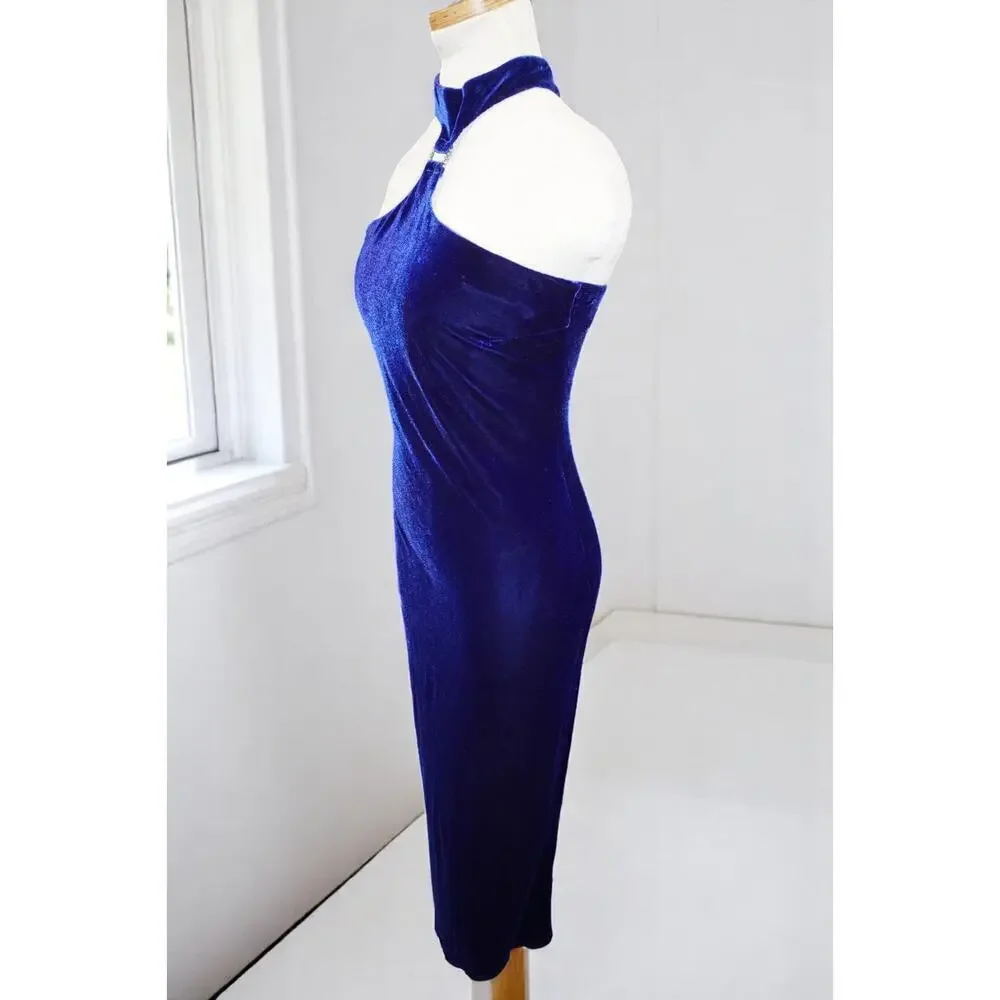 Kiki USA Royal Blue Velvet Halter Dress – Size 40 - Picture 6 of 16